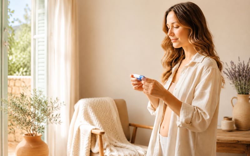 Quand annoncer sa grossesse ? future maman regardant un test de grossesse positif dans un intérieur lumineux de style provençal