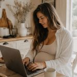 une future maman est concentrée devant son ordinateur car elle prépare sa liste de naissance
