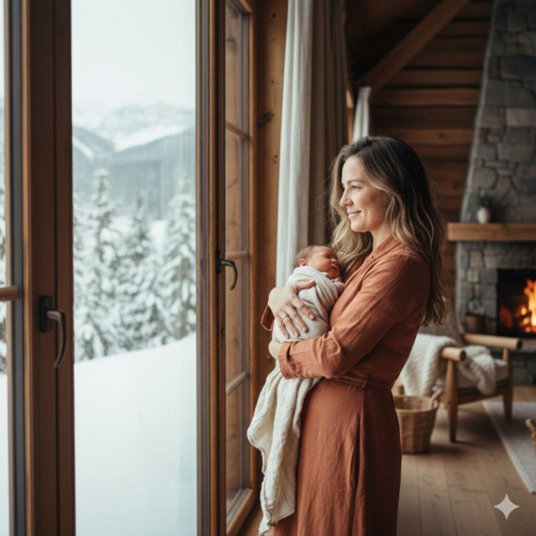 Une maman sereine et épanouie avec son bébé au ski elle est devant une grande fenêtre et porte son bébé contre elle. Ele n'a rien oublié car elle avait la check list des indispensable pour partir au ski avec bébé.