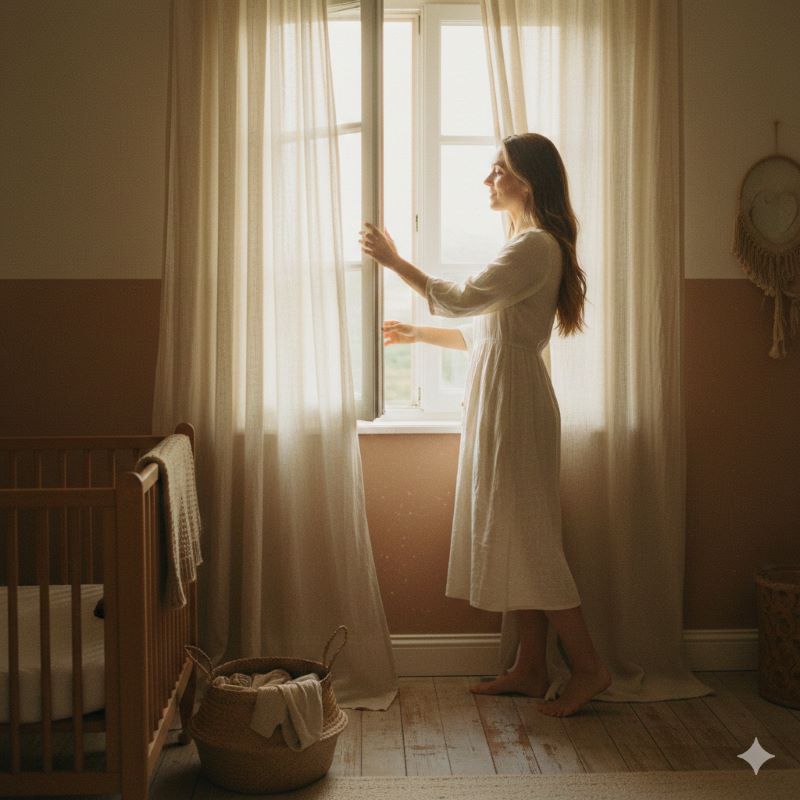Une maman souriante ouvrant une fenêtre dans une chambre de bébé pour assainir et purifier la pièce de façon naturelle