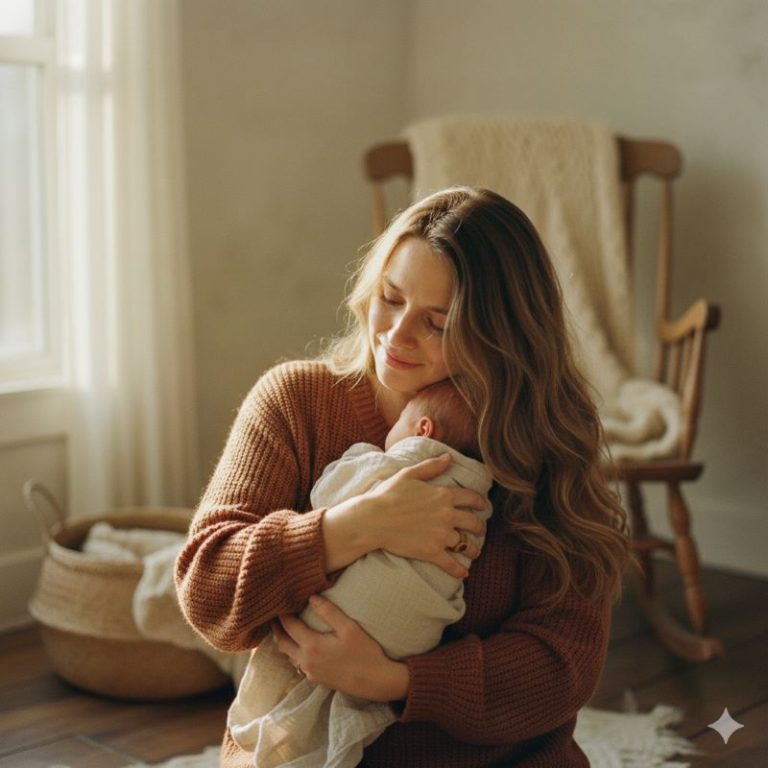 Une jeune maman souriante, tenant son bébé contre elle illustrant l'expérience de devenir maman pour la première fois
