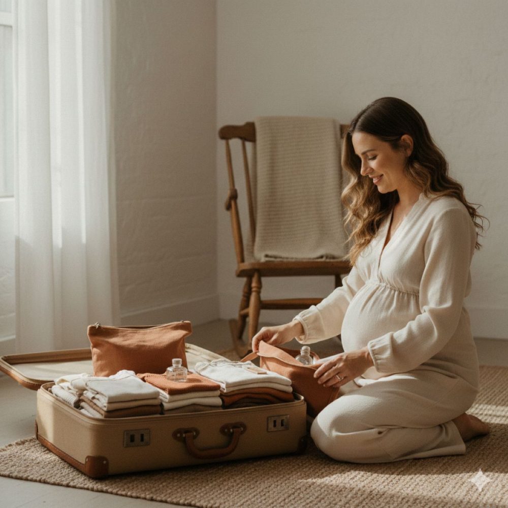 Future maman préparant sereinement grâce à sa liste complète valise maternité.