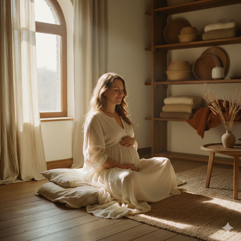 Femme enceinte pratiquant la méditation prénatale paisiblement dans proche d'une grande fenêtre laissant entrer le soleil du matin.