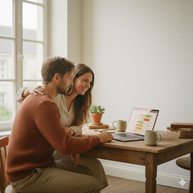 un couple souriant discutant devant un planning familial pour partager la charge mentale dans le couple