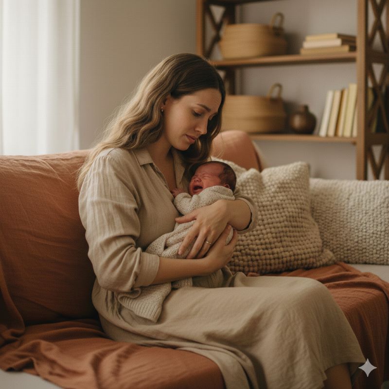 Portrait intime en style documentaire montrant une maman désemparée qui se demande 'pourquoi mon bébé pleure' alors qu'elle le berce contre elle. L'image, au rendu argentique chaleureux, capture l'expression d'angoisse naturelle de la mère et la texture du linge en lin, le tout baigné dans une lumière douce provenant d'une fenêtre