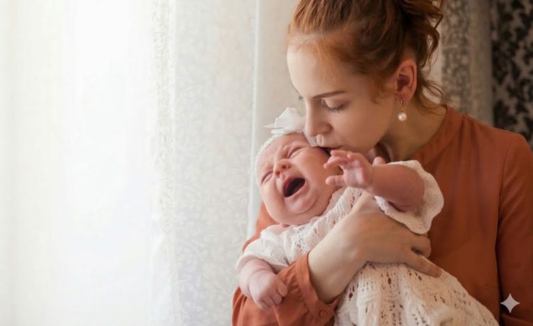 Bébé pleure dans les bras sa mère rousse l'embrasse tendrement sur le front, près d'une fenêtre lumineuse