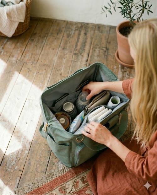 Une maman prépare son sac à langer pour la première sortie avec bébé. Tout est parfaitement organisé dans son sac qui est pratique et a plusieurs compartiment. On voit notamment les couches et le biberon