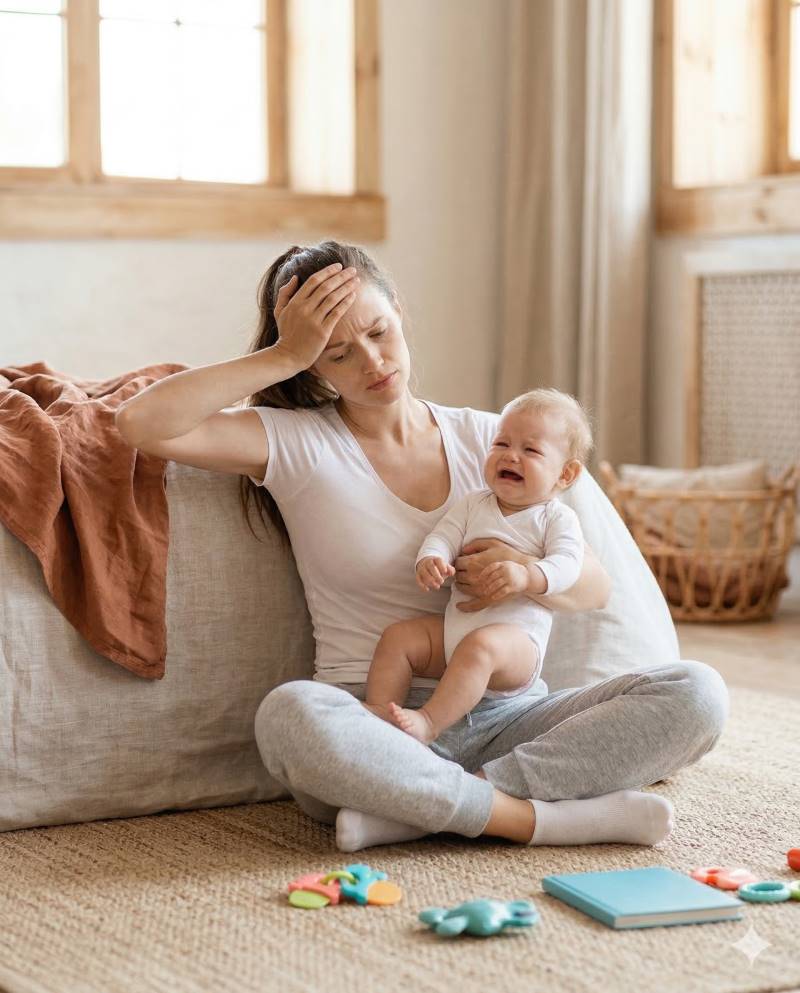 Je n’aime pas être maman : mère épuisée tenant son bébé qui pleure, illustrant la fatigue et la difficulté de la maternité