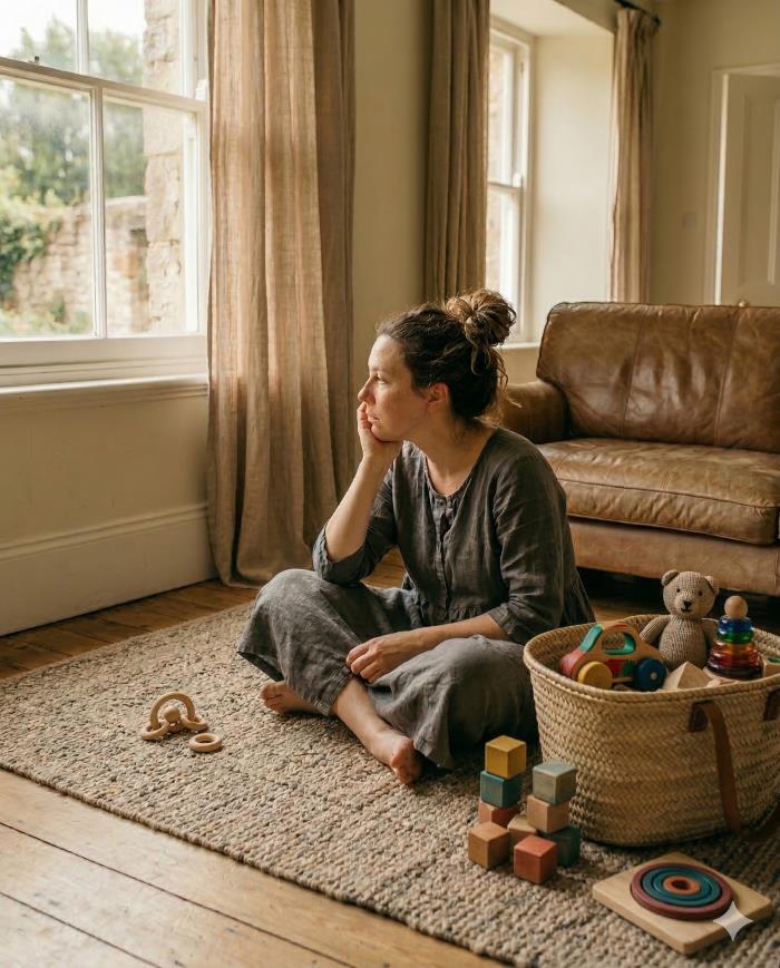 Une maman épuisée, portant une robe en lin ample, est assise en tailleur sur un tapis texturé au milieu des jouets de son enfant. Elle a le regard perdu par la fenêtr