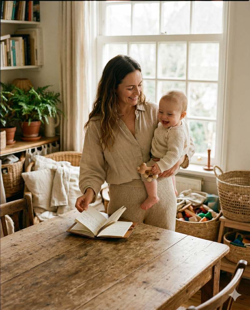 Une maman sourit en tenant son bébé et en consultant un agenda ouvert sur une table en bois, illustrant une "organisation maman débordée" avec des carnets, un mug et des jouets autour d'elle.