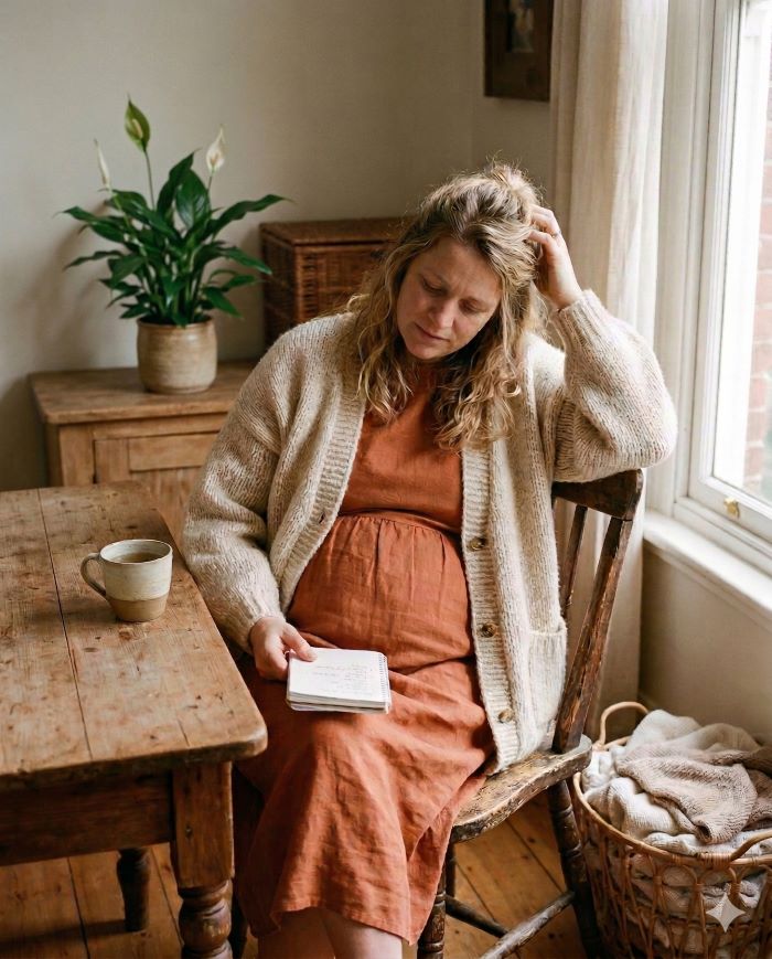 Femme enceinte illustrant le cerveau de maman grossesse oubli mémoire, tenant sa tête avec fatigue et expression d’oubli