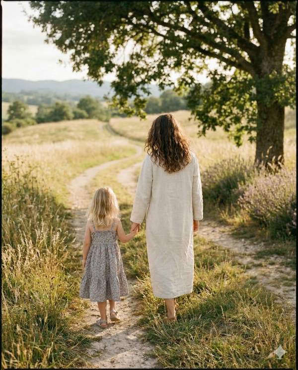 Photographie argentique en extérieur montrant une maman de dos et sa petite fille blonde de 5 ans marchant main dans la main sur un sentier de campagne baigné de lumière dorée. La maman porte une robe longue en lin crème et la petite fille une robe d'été à fleurs, illustrant un moment de slow parenting en pleine nature