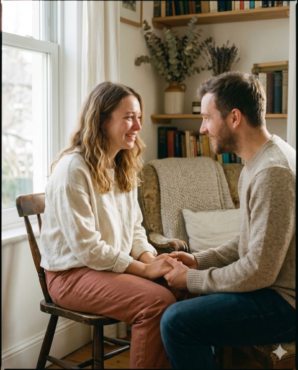 Annoncer son désir de grossesse à son conjoint lors d’un moment de discussion tendre à la maison