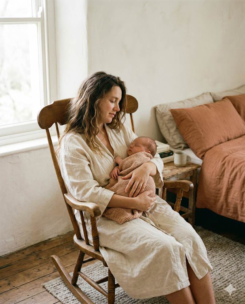 Une maman pendant la période du postpartum tiens son bébé dans les bras, en utilisant la Checklist post-partum elle est sereine et profite de son bébé
