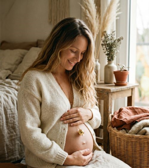 cadeau future maman bola grossesse femme enceinte souriante tenant son ventre avec bijou symbolique