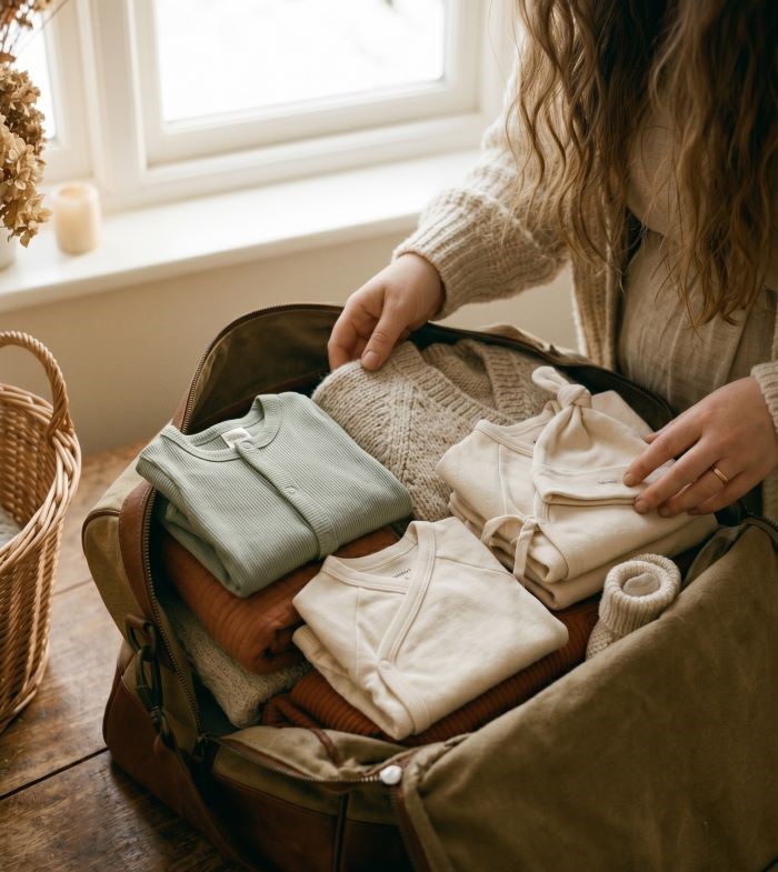intérieur de la valise maternité bébé hiver. On y voit des bodies et pyjamas