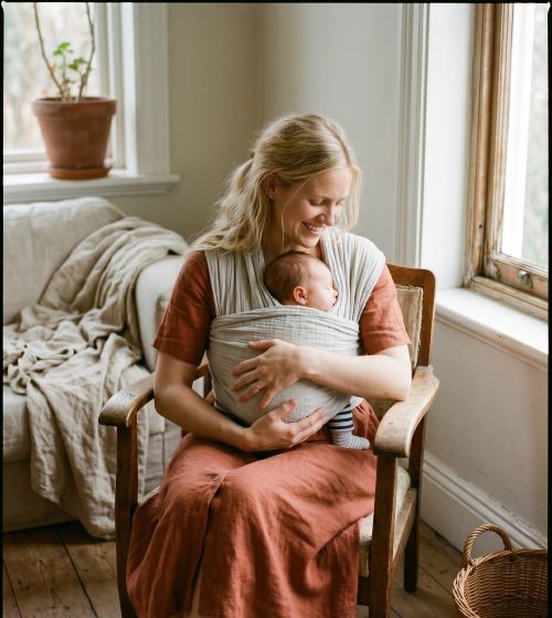 une maman utilise une écharpe de portage comme porte-bébé pour porter son nouveau-né