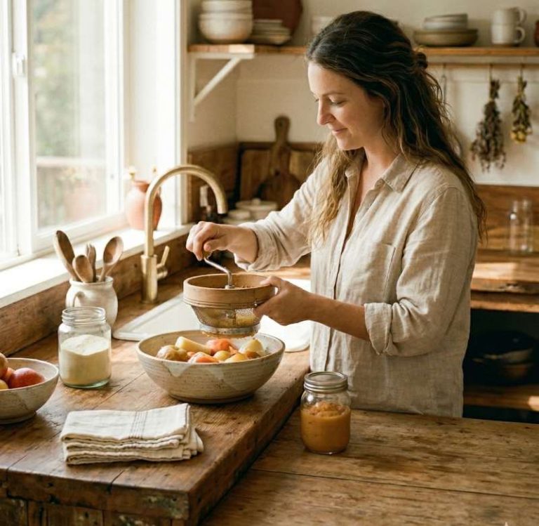 une maman prépare au moulin à légumes et montre qu'elle n'a pas les objets inutiles pour bébé