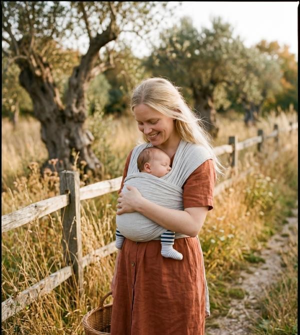 porter son bébé en écharpe dans un jardin maman blonde avec nourrisson apaisé contre elle
