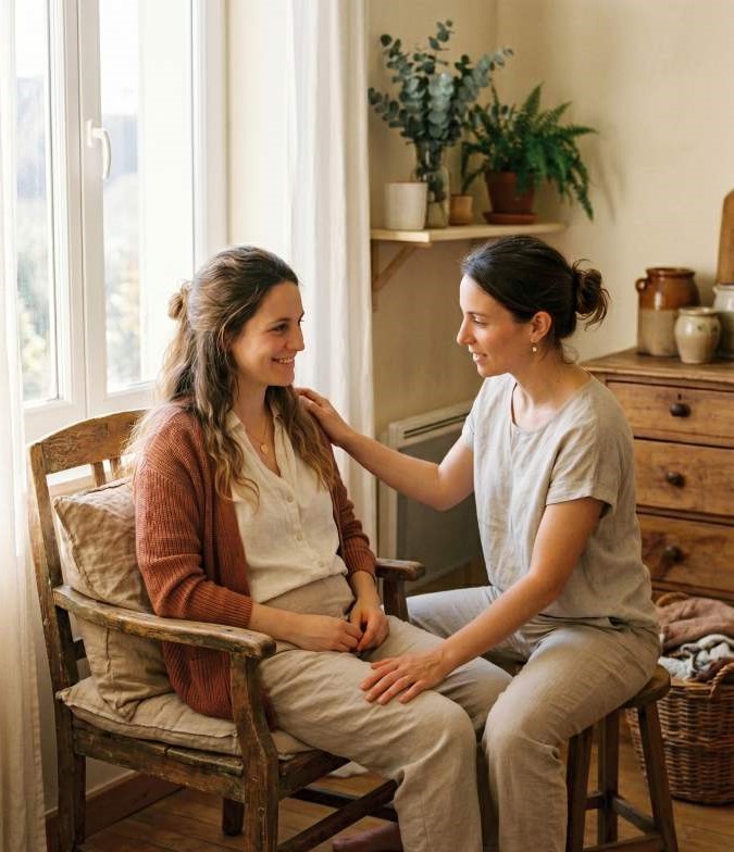 sonde perifit avis : jeune maman accompagnée lors de sa rééducation du périnée dans un moment de douceur après accouchement