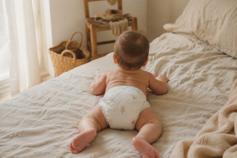 Bébé vu de dos allongé sur un lit en lin beige portant une couche blanche dans une chambre lumineuse, illustration d’un abonnement couches pratique pour les jeunes parents.