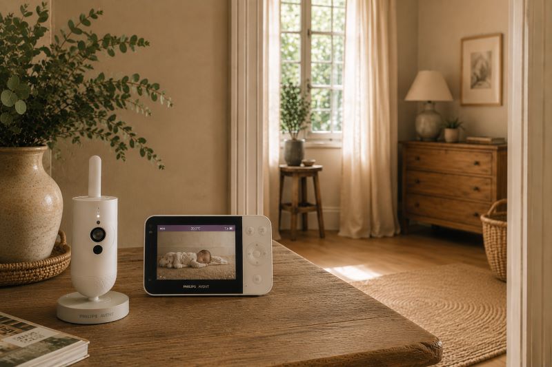 Meilleur babyphone dans une grande maison de campagne posé sur la table du salon