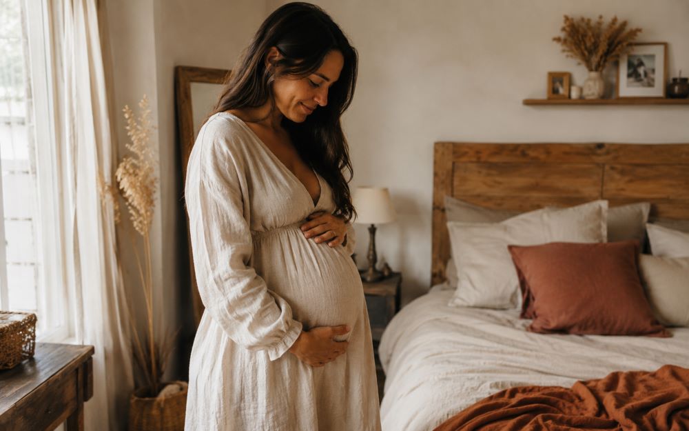 Future maman enceinte dans une chambre chaleureuse et lumineuse, tenant son ventre avec douceur, illustration intime et naturelle autour du projet de naissance.