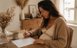 Femme enceinte assise à une table en bois en train d’écrire son projet de naissance sur une feuille A4 dans une ambiance chaleureuse et naturelle.