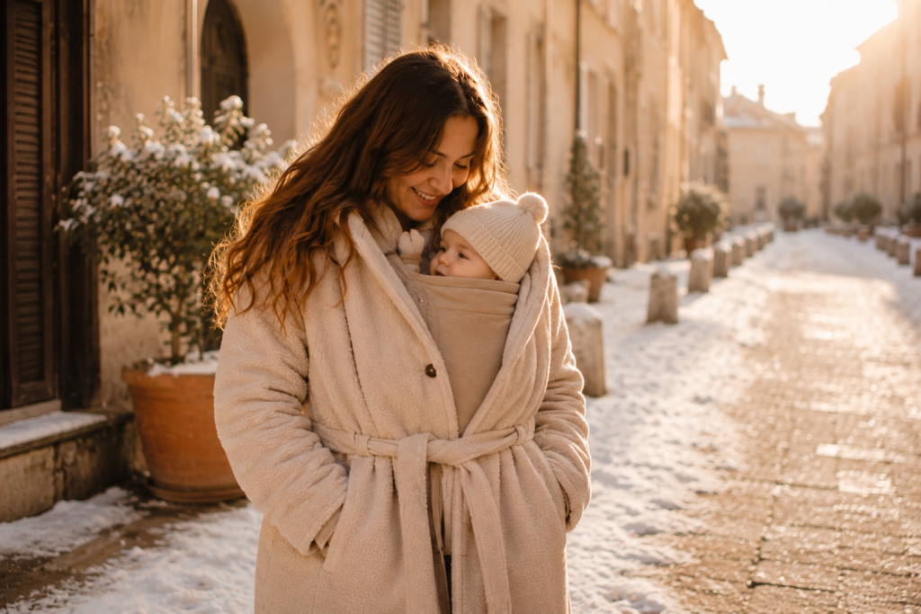 maman dans une rue enneigée qui n'a pas hésité à sortir l'hiver avec un bébé dans un porte-bébé.