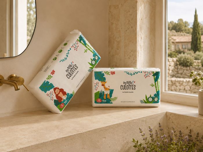 Paquets d’abonnement couches Petits Culottés dans une salle de bain style campagne provençale lumineuse et naturelle.