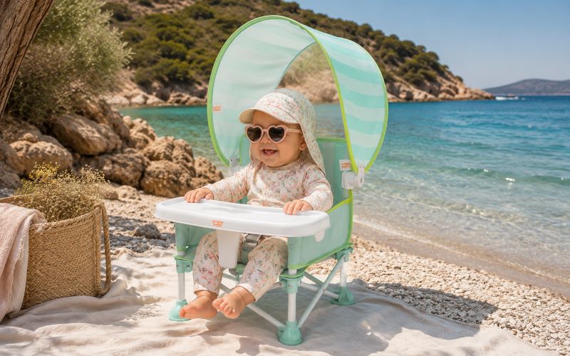 Plage avec bébé assis dans une chaise de plage anti-UV avec lunettes cœur et combinaison de protection solaire.