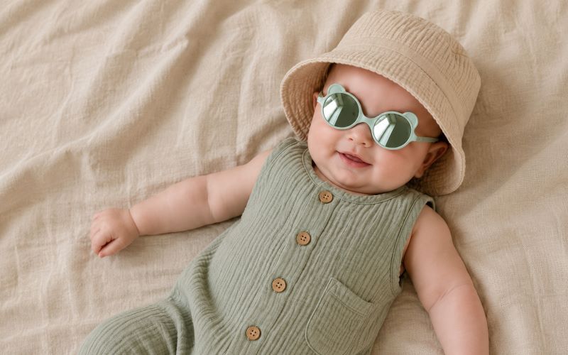 Lunettes de soleil bébé 6 mois portées par un bébé souriant avec chapeau beige et combinaison vert sauge sur un drap en lin beige.