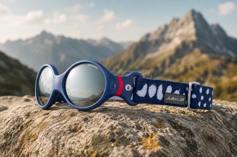 Lunettes de soleil bébé Julbo bleues posées sur un rocher en montagne avec paysage alpin en arrière-plan.