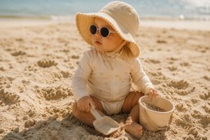 Bébé de 12 mois jouant dans le sable avec combinaison anti-UV, chapeau à large bord et lunettes de soleil bébé Izipizi sur la plage.