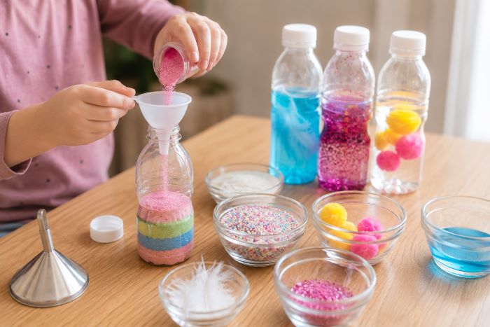 Préparation bouteilles sensorielles DIY  Montessori avec du riz coloré des plumes et des paillettes.