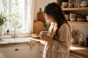 Routine du soir maman : maman range les jouets des enfants dans un salon lumineux et organisé avant le coucher.
Dans une atmosphère douce et familiale, une maman range les jouets dispersés dans le salon avant la fin de la journée. Les paniers en osier, les jouets en bois et la lumière chaleureuse créent une ambiance cocooning. Cette image illustre parfaitement une routine du soir maman simple et réaliste pour maintenir une maison rangée tout en réduisant la charge mentale du quotidien.