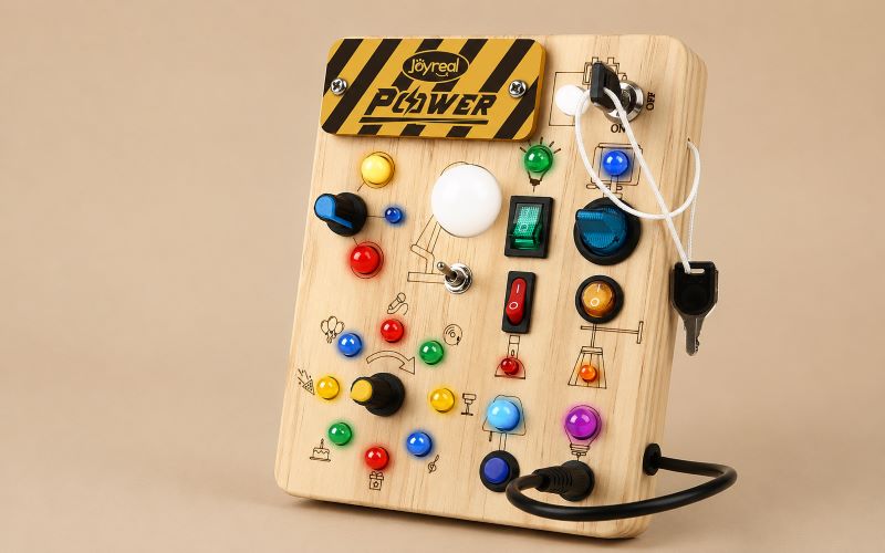Busy board bébé avec interrupteurs lumineux, boutons et clés à manipuler pour développer la motricité fine et la curiosité des tout-petits.