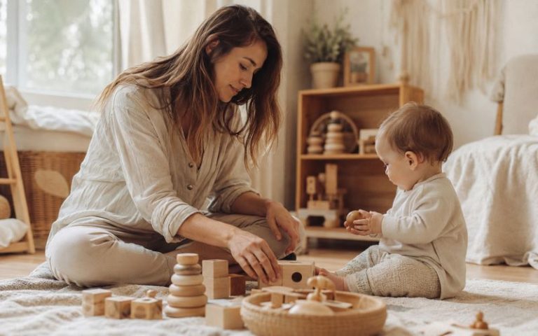 Jouets Montessori en bois utilisés par une maman et son bébé lors d'un moment de jeu favorisant l'autonomie et l'éveil dans une chambre lumineuse