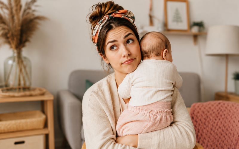 Phrases qui énervent les mamans : jeune maman tenant son bébé avec un air exaspéré face aux remarques et conseils non sollicités de son entourage.