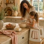 Tour d'observation enfant Maxi-Cosi permettant à une petite fille de cuisiner avec sa maman dans une cuisine provençale campagne chic