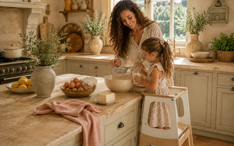 Tour d'observation enfant Maxi-Cosi permettant à une petite fille de cuisiner avec sa maman dans une cuisine provençale campagne chic
