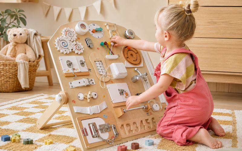 Busy board bébé en bois Montessori avec activités de motricité fine pour enfant de 1 à 3 ans