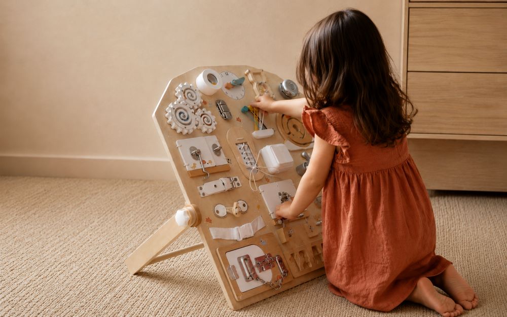 Busy board bébé en bois utilisé par une petite fille assise sur un tapis beige, développant sa motricité fine grâce à des activités sensorielles adaptées à son âge.