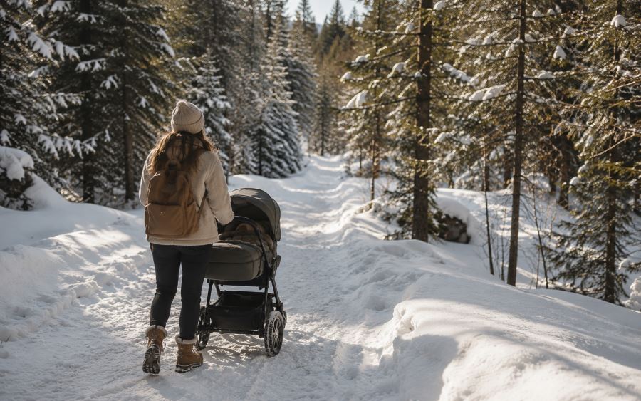 Comment habiller bébé au ski : parent promenant une poussette tout-terrain sur un chemin enneigé au milieu des sapins en montagne.