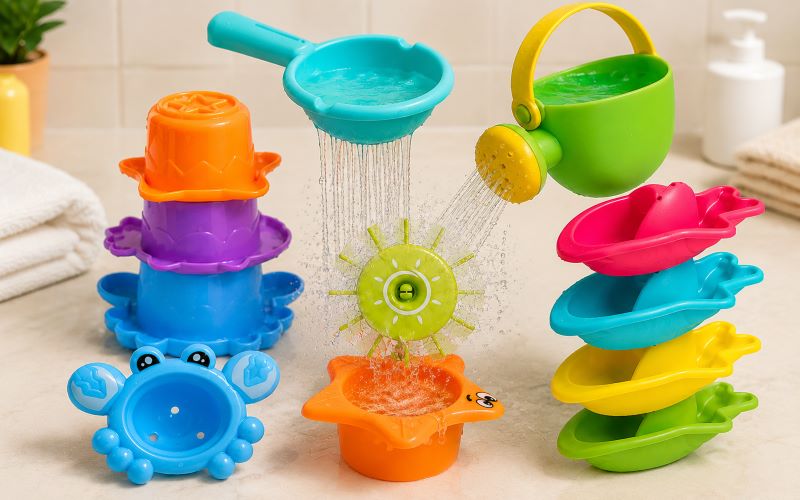 Jouets de bain pour bébé de 1 an avec arrosoir et gobelets empilables