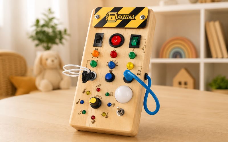 Busy board Montessori pour bébé de 1 an avec interrupteurs lumineux et activités de motricité fine