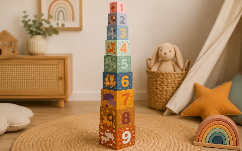 Cubes à empiler Montessori pour bébé de 1 an avec chiffres et animaux