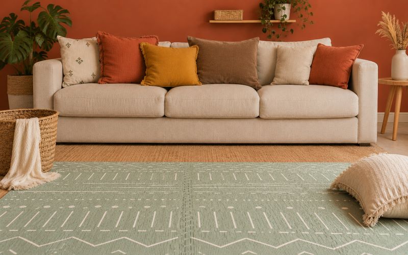 Tapis pour la motricité libre Toddlekind installé dans un salon chaleureux avec mur terracotta et canapé en lin beige