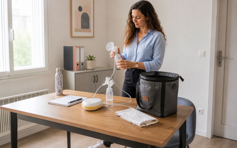 Tirer son lait au travail : maman préparant son tire-lait, ses sachets de conservation et son sac isotherme avant une journée de travail