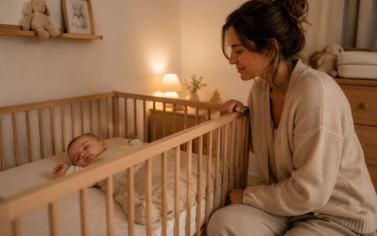 Aider bébé à s'endormir seul : une maman observe tendrement son bébé endormi dans son lit en bois, dans une chambre chaleureuse éclairée par une douce lumière du soir.